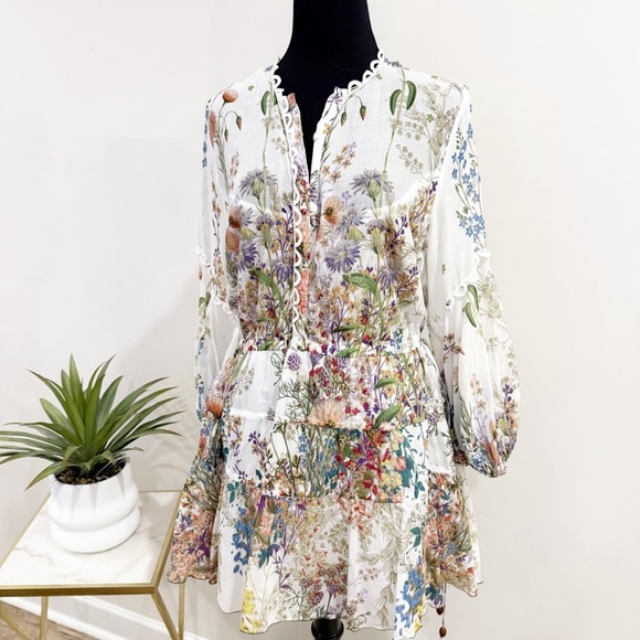 Charo Ruiz Botanic Print Cotton Mini Dress In White L - Picture 1 of 16